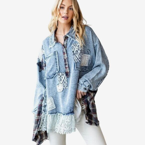 Oli & Hali – Washed Denim Patchwork Henley Top (Denim Blue) – S - Picture 1 of 6